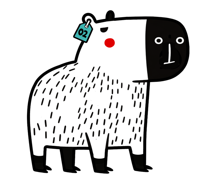 A small capybara, taller than long, white with little black dashes of fur, a square black snout, a red cheek and a teal tag marked 02 on one ear.