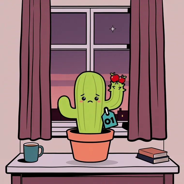 Pincho on the windowsill at dusk, eyebrows tilted, with a small sad frown.