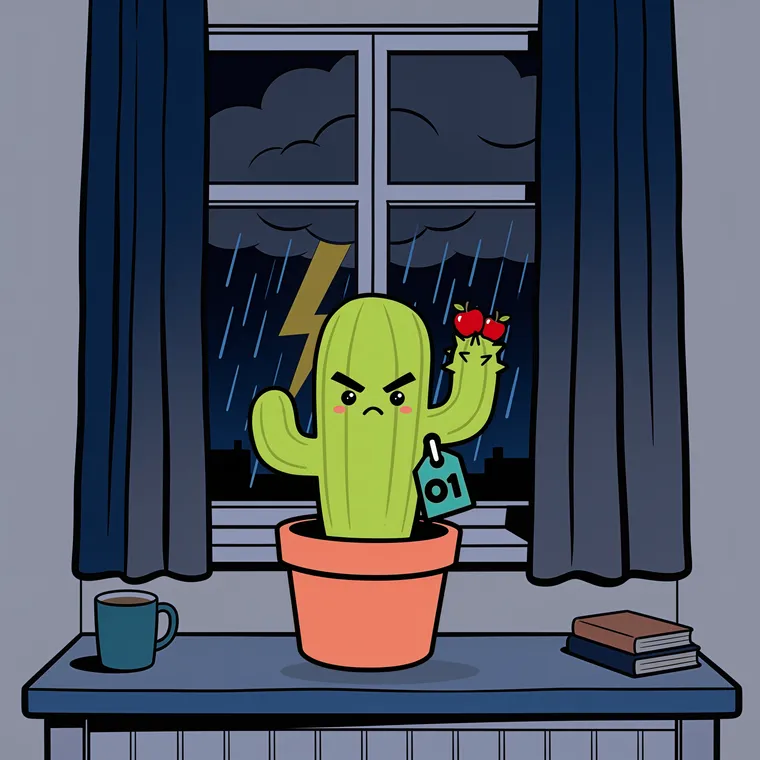 Pincho on the windowsill on a stormy night, rain and lightning outside, frowning furiously.