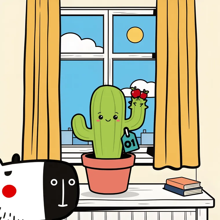 Back at noon: Capy’s head pops up in front of the windowsill, and Pincho is smiling again.