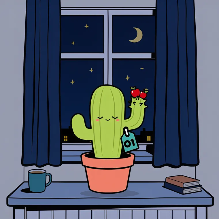 Pincho asleep on the windowsill on a calm night with a crescent moon.