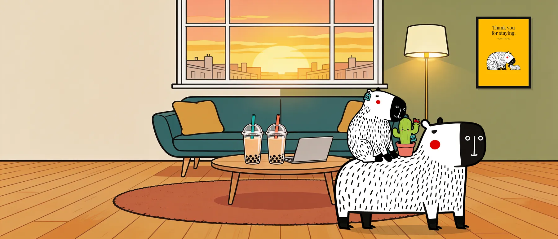 Capy and Bara, two white capybaras with red cheeks, in a grown-up living room at sunset: Bara sits on Capy’s back and Pincho the cactus rides beside her. Behind them, a teal sofa, a coffee table with two boba teas and a laptop, a floor lamp, and a framed yellow print on the wall that says “Thank you for staying.”