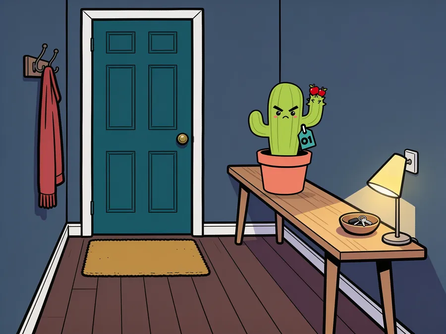 Pincho the cactus on the hall table at night, frowning hard at the front door Capy just walked out of.