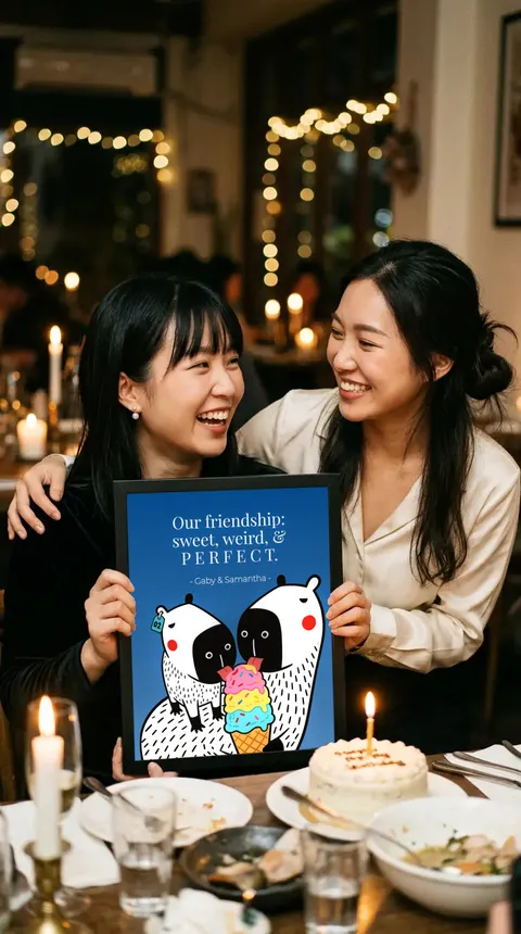 Dos amigas se ríen en una cena de cumpleaños; una sostiene la lámina enmarcada de Capy y Bara Nuestra amistad: dulce, rara y perfecta, con los nombres Gaby y Samantha