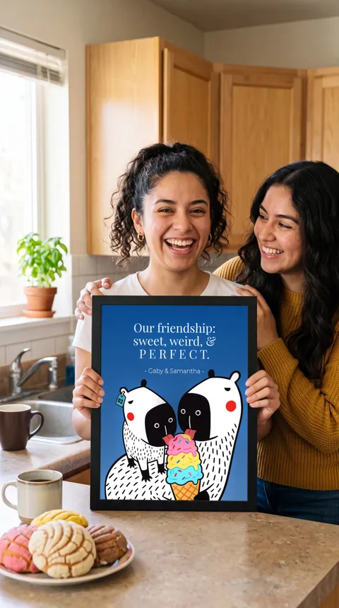 Samantha se ríe en su cocina con la lámina enmarcada de Capy y Bara Nuestra amistad: dulce, rara y perfecta, con su nombre y el de Gaby, mientras Gaby la abraza