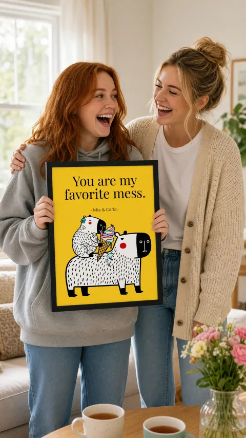 Dos amigas se ríen en una sala soleada; una sostiene la lámina enmarcada de Capy y Bara Eres mi caos favorito, con los nombres Mia y Carla
