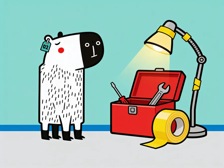 Bara standing proudly next to an open red toolbox, a roll of yellow tape and a desk lamp just fixed with tape, switched on.