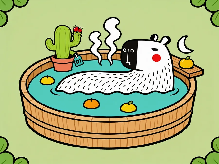Capy soaking in a round wooden hot tub with little yuzu fruits floating around her, eyes closed, while Pincho the cactus keeps her company on the rim.