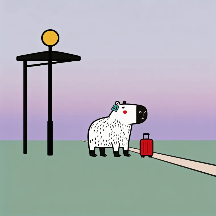 Bara waiting at a bus stop at dawn with a small red suitcase.