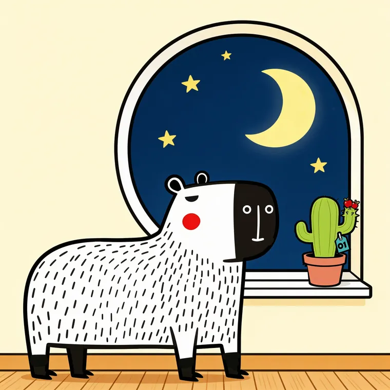 Capy at a round window at night, looking at the moon, with Pincho the cactus on the windowsill.