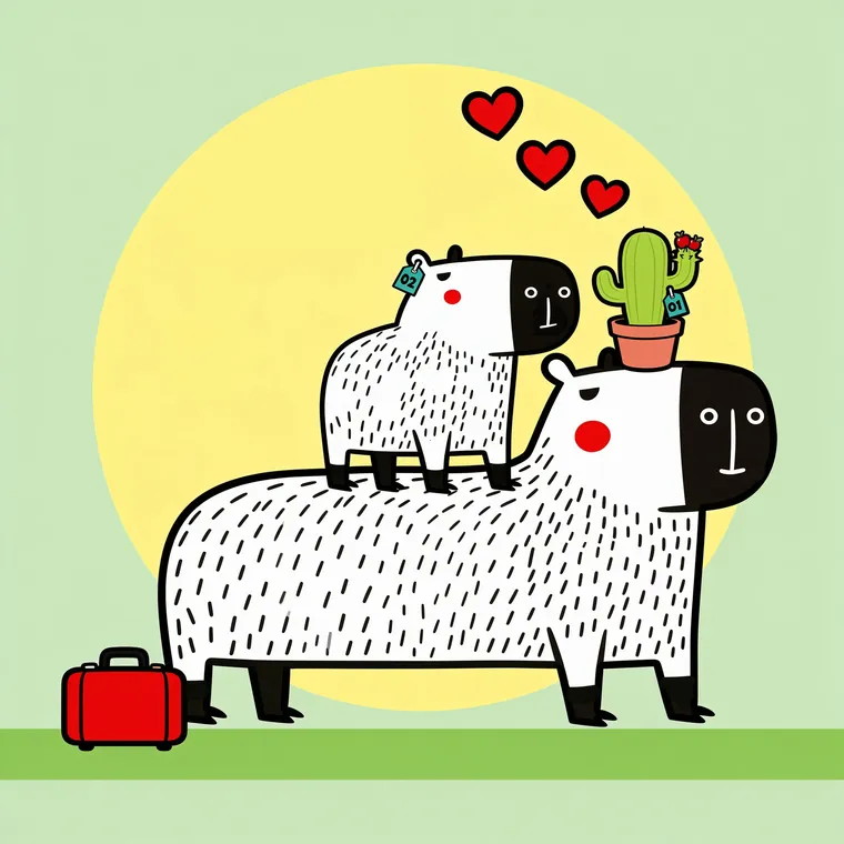Bara standing on Capy’s back again, both with happy closed eyes, little red hearts above them and the red suitcase beside them.