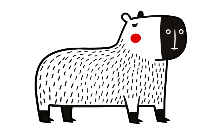 A big, calm capybara, longer than tall, white with little black dashes of fur, a square black snout, sleepy eyes and a red cheek.