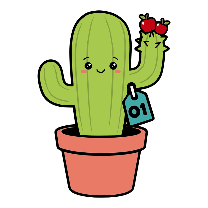 Un cactus verde y sonriente en una maceta de barro color coral, con dos ojitos, cejas y cachetes rosados, dos ramas, espinitas en una sola rama, dos manzanitas rojas encima y una etiqueta verde azulado con el número 01.
