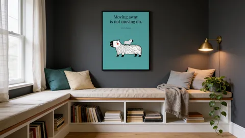 A window seat under the framed Capy and Bara print Moving away is not moving on, on a dark grey wall