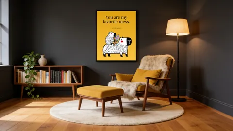 A lounge chair and ottoman under the framed Capy and Bara print You are my favorite mess, on a dark grey wall