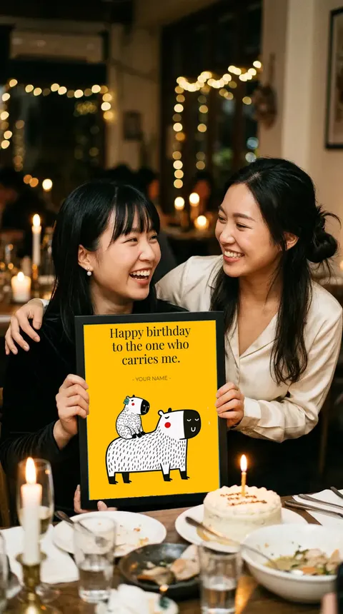 Two friends laugh at a birthday dinner, one holding up the framed Capy and Bara print Happy birthday to the one who carries me