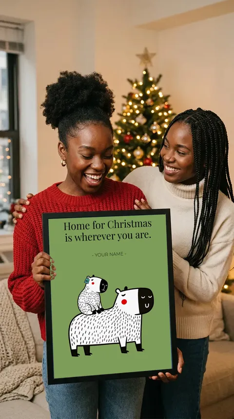 Two friends by a Christmas tree, one holding up the framed Capy and Bara print Home for Christmas is wherever you are