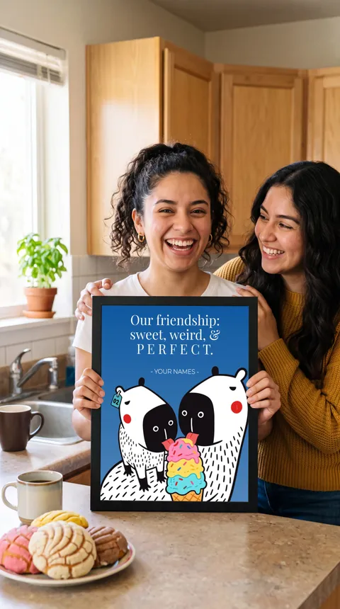 Two friends laugh in a kitchen, one holding up the framed Capy and Bara print Our friendship: sweet, weird, & PERFECT