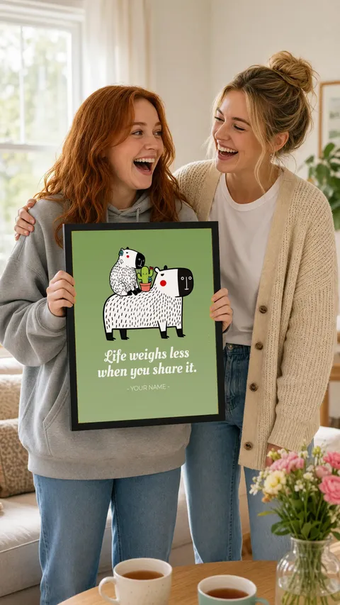Two friends laugh in a sunny living room, one holding up the framed Capy and Bara print Life weighs less when you share it