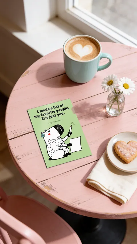 A glossy 4x6 photo print of Bara, I made a list of my favorite people. It's just you., on a pink cafe table with a latte