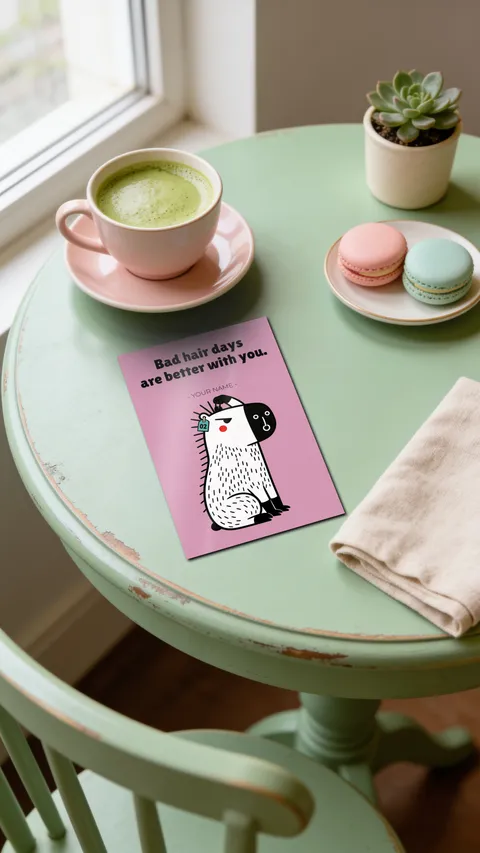 A glossy 4x6 photo print of Bara, Bad hair days are better with you, on a sage green table with matcha and macarons
